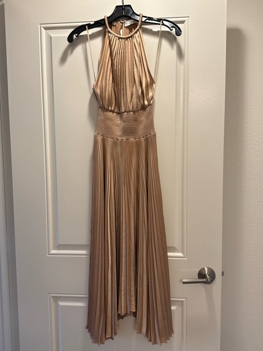 A.L.C. Metallic Champagne Halter Pleated Maxi Dress